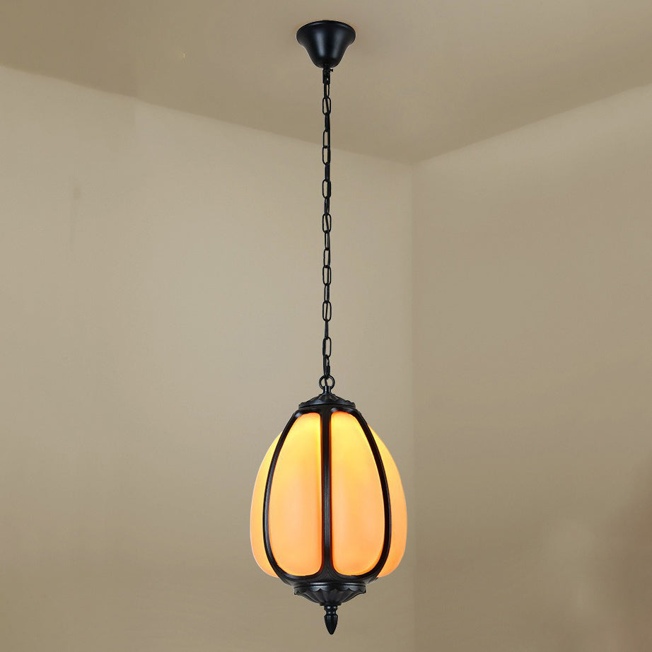 Traditional Chinese Waterproof Aluminum PC Dolomite Elliptical Pumpkin 1-Light Pendant Light For Ourdoor Patio