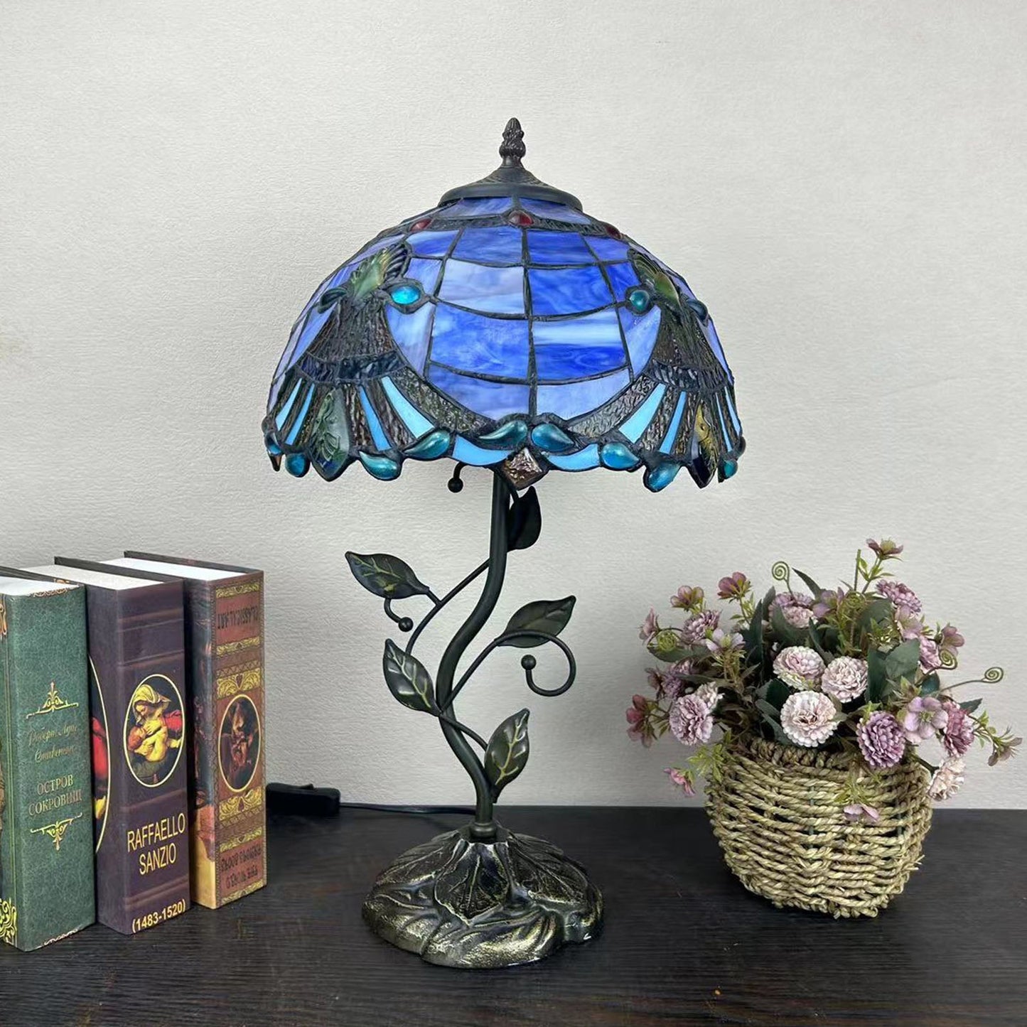 Traditional Tiffany Resin Glass Dome Conic Flower Leaf 1-Light Table Lamp For Bedside