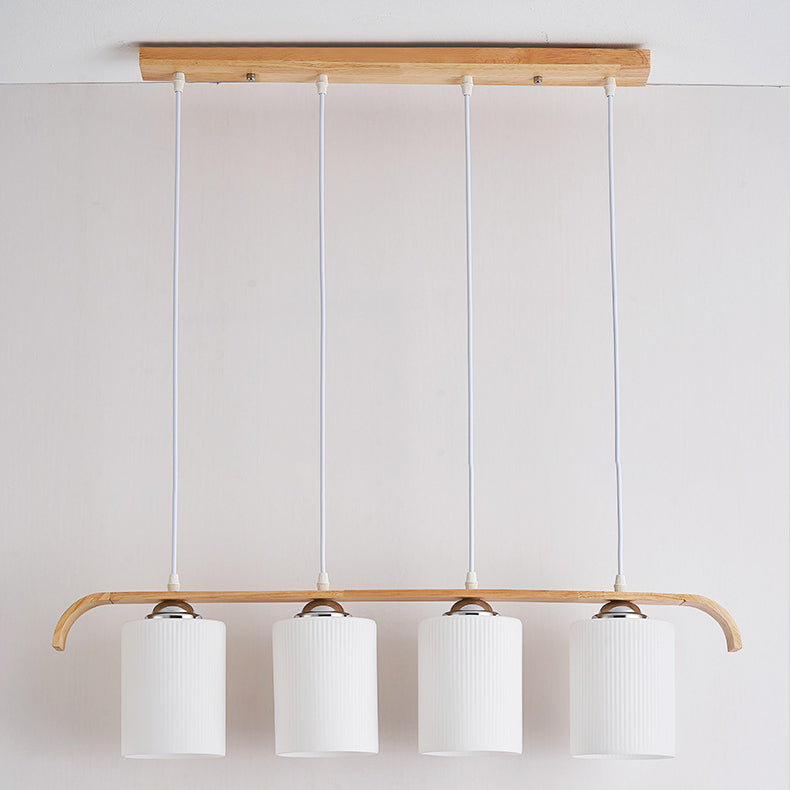 Contemporary Scandinavian Long Cylinder Glass Wood 4-Light Island Light Chandelier For Living Room