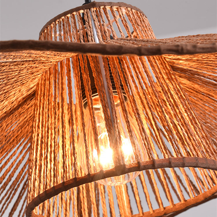 Traditional Vintage Weaving Iron Paper Rope Hat Cylinder 1-Light Pendant Light For Dining Room