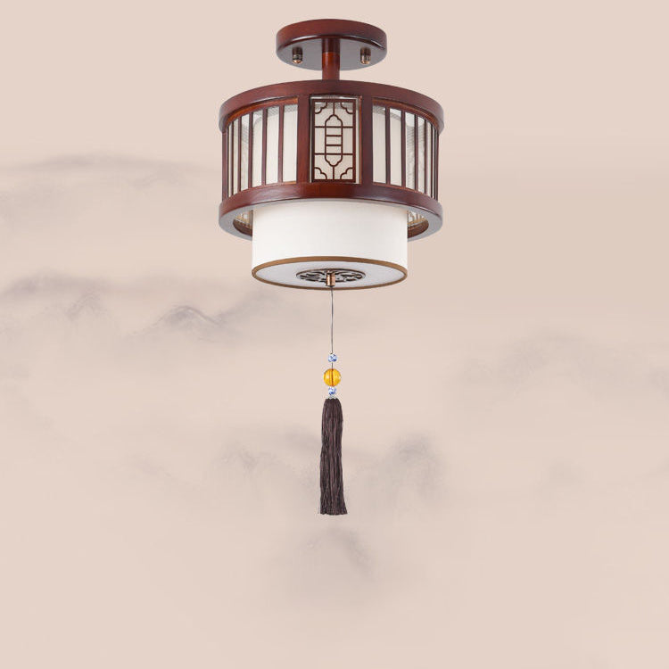 Traditional Chinese Solid Wooden Fabric Lantern Shade 1/3-Light Chandelier For Living Room