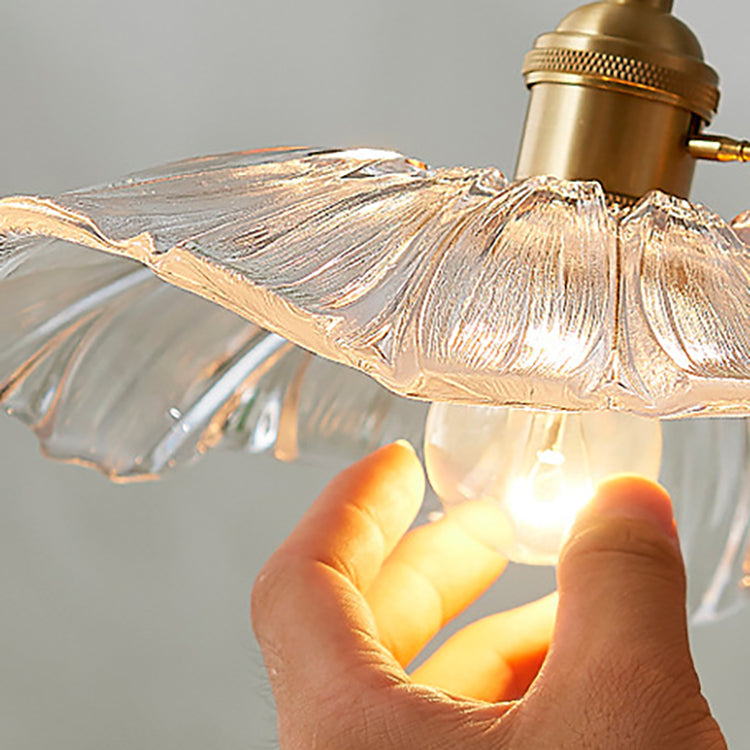 Traditional Vintage Brass Lotus Leaf Glass Shade 1-Light Pendant Light For Living Room