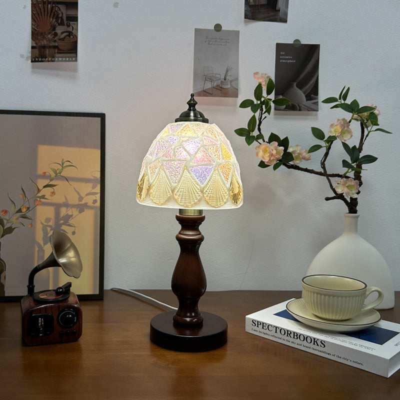 Traditional Vintage Wood Glass Hemispheroid Shell Lozenge 1-Light Table Lamp For Bedside