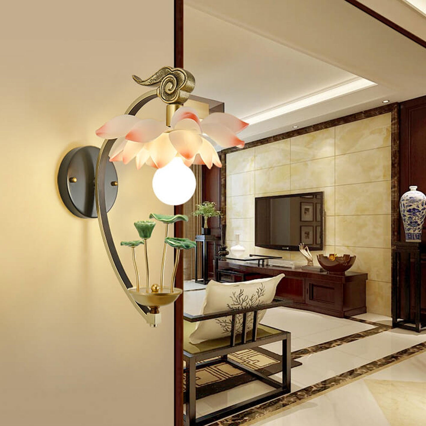 Modern Chinese Lotus Ceramic Resin 1-Light Wall Sconce Lamp