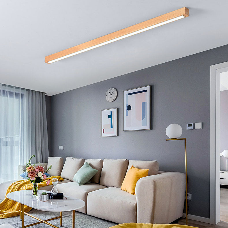 Modern Minimalist Wood Acrylic Long Strip LED Flush Mount Ceiling Light For Living Room