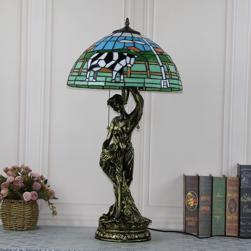 Traditional Tiffany Resin Glass Dome Grape Cow Diamond Pretty Woman Base 2-Light Table Lamp For Bedside