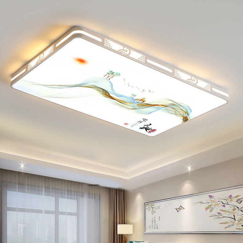 Traditional Chinese Iron Acrylic Round Square Rectangular Landscape Painting LED Flush Mount Ceiling Light For Living Room