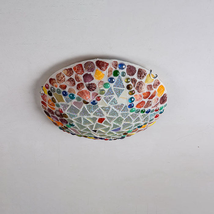 European Rustic Tiffany Hardware Glass Shell 1-Light Flush Mount Lighting