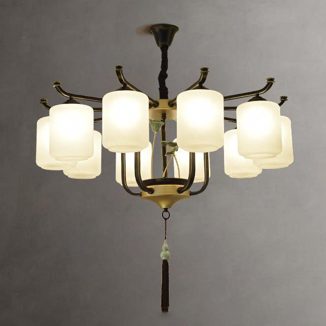 Traditional Chinese Iron Frame Cylinder Glass Shade 6/8/10/12-Light Chandelier For Living Room