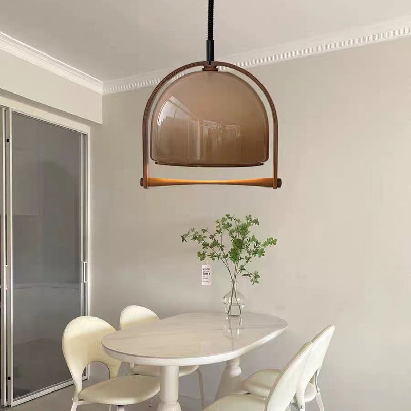 Traditional Japanese Telescopic Wood Amber Round Glass 1-Light Pendant Light For Dining Room
