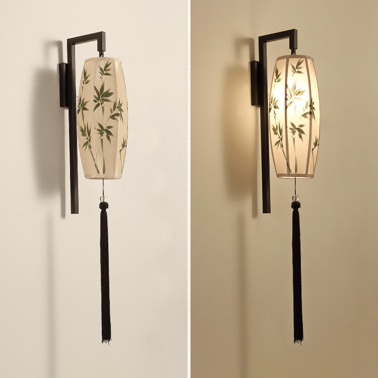 Chinese Vintage Painted Fabric Lantern Tassel 1-Light Wall Sconce Lamp