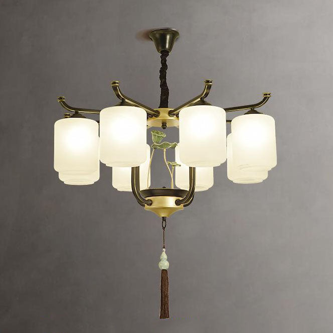 Traditional Chinese Iron Frame Cylinder Glass Shade 6/8/10/12-Light Chandelier For Living Room