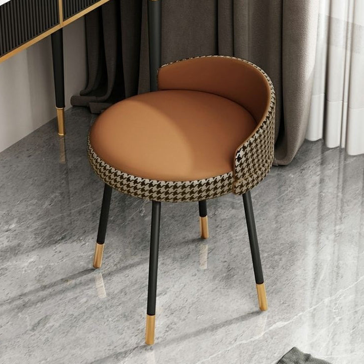 Contemporary Nordic Round Houndstooth Faux Leather Fabric Splicing Vanity Stool Low Back For Bedroom