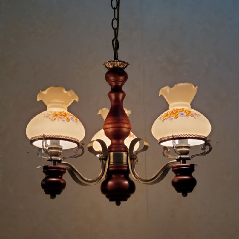 Traditional Rustic Candelabra Round Flower Iron Solid Wood 3-Light Chandelier For Living Room