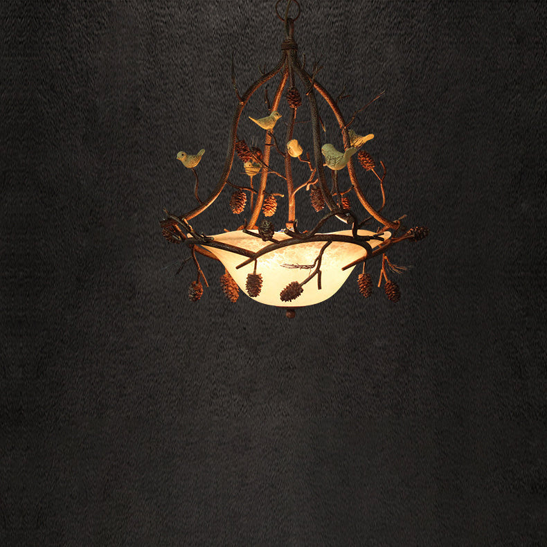 Traditional Rustic Branch Bird Round Glass Iron 3-Light Chandelier For Bedroom