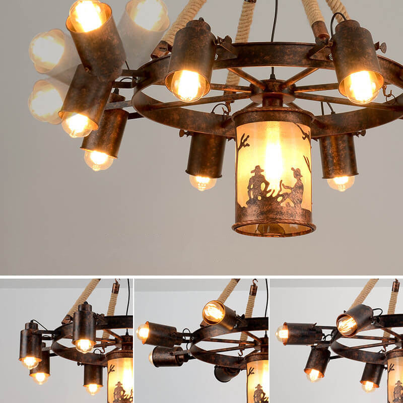Industrial Rust 9-Light Camp Fire Pattern Wheel Chandeliers