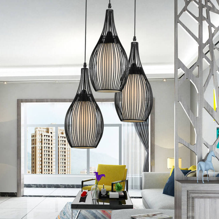 Vintage Iron Black Teardrop Shaped Hanging 3-Light Chandeliers