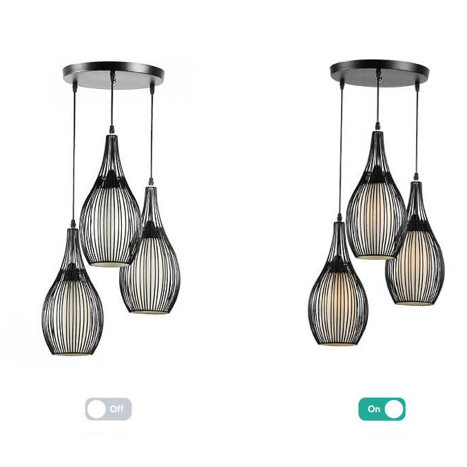 Vintage Iron Black Teardrop Shaped Hanging 3-Light Chandeliers