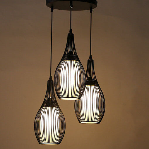 Vintage Iron Black Teardrop Shaped Hanging 3-Light Chandeliers
