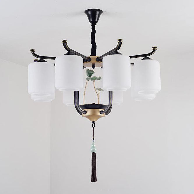 Traditional Chinese Iron Frame Cylinder Glass Shade 6/8/10/12-Light Chandelier For Living Room