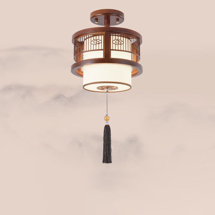 Traditional Chinese Solid Wooden Fabric Lantern Shade 1/3-Light Chandelier For Living Room