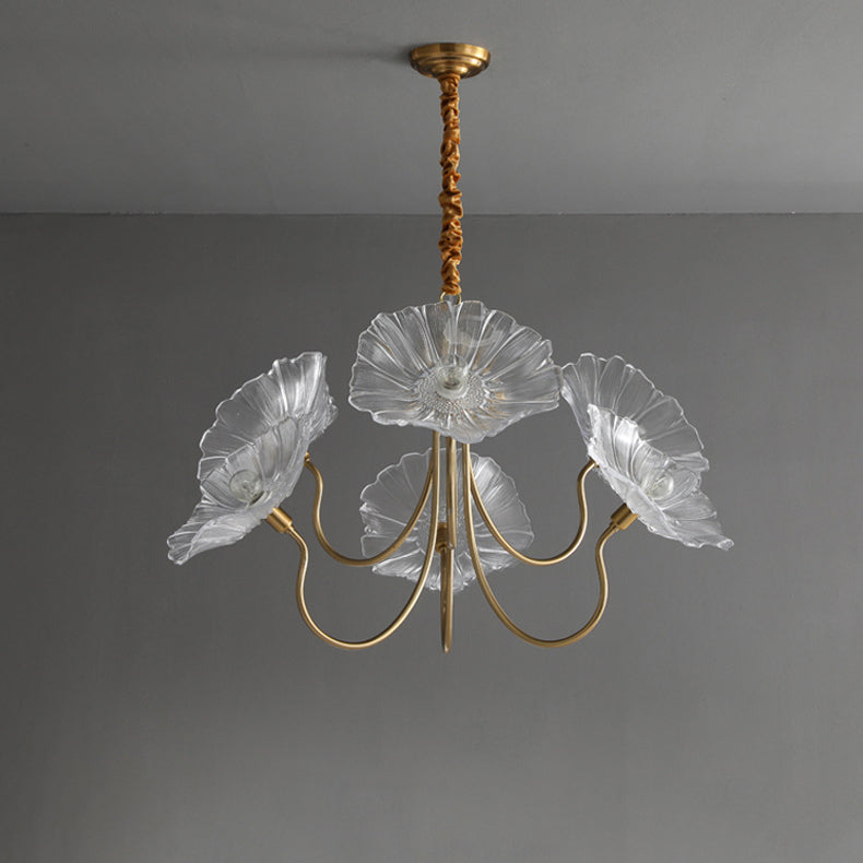 Traditional Vintage Gold Finish Frame Flower Glass Shade 6-Light Chandelier For Bedroom