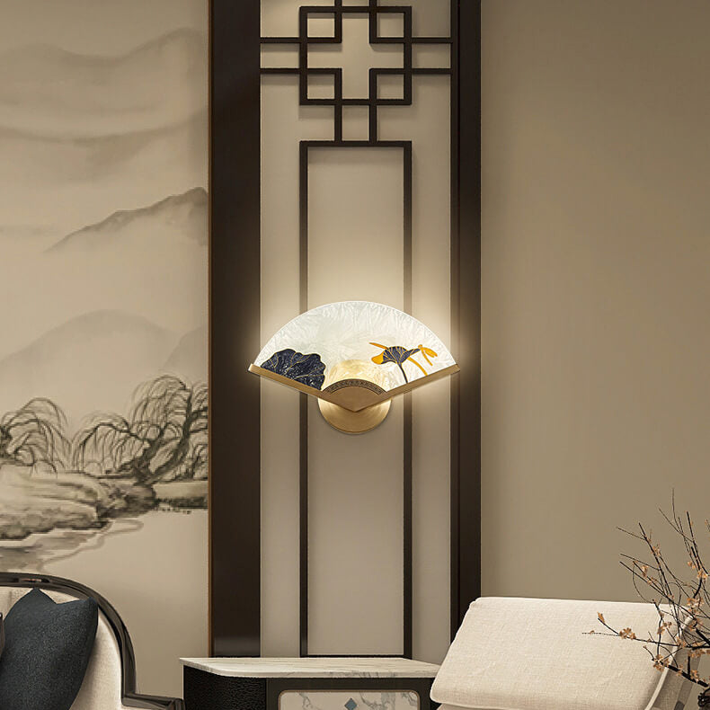 Modern Chinese Glass Folding Fan Shaped Brass LED Wall Sconce Lamp