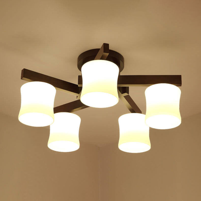 Modern Walnut Solid Glass Cylinder Shade 3/5/8 Light Semi-Flush Mount Ceiling Light