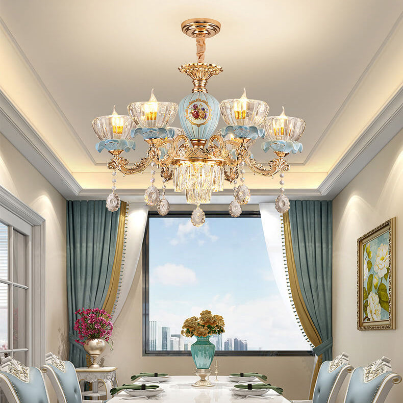 Traditional European Flower Candelabra Zinc Alloy Crystal Glass Ceramic 6/8/10/12 Light Chandelier For Living Room