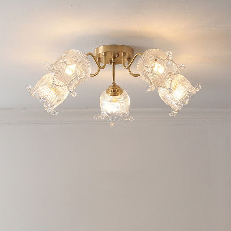 Traditional European Copper Glass Flower 5/12/15 Light Semi-Flush Mount Ceiling Light For Living Room