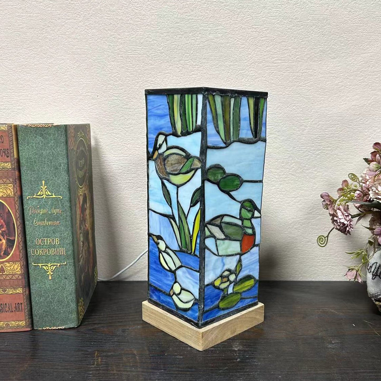 Modern Art Deco Rectangular Bamboo Wood Glass LED Table Lamp For Bedroom