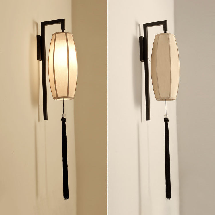 Chinese Vintage Painted Fabric Lantern Tassel 1-Light Wall Sconce Lamp