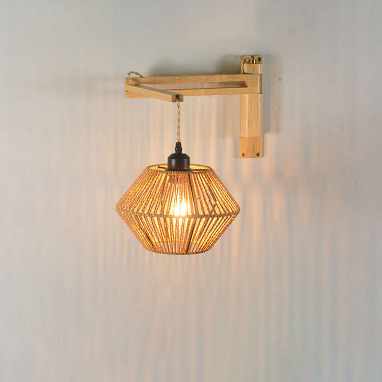 Vintage Simple Rope Weaving Lantern Cage Wood 1-Light Wall Sconce Lamp