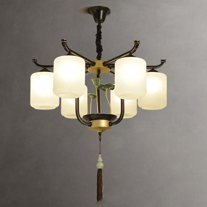 Traditional Chinese Iron Frame Cylinder Glass Shade 6/8/10/12-Light Chandelier For Living Room