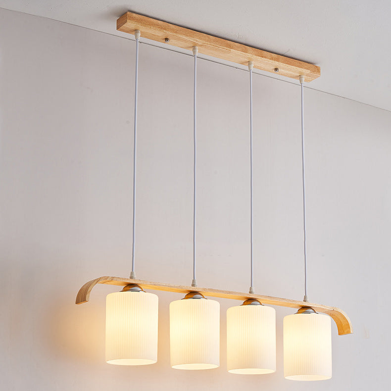 Contemporary Scandinavian Long Cylinder Glass Wood 4-Light Island Light Chandelier For Living Room