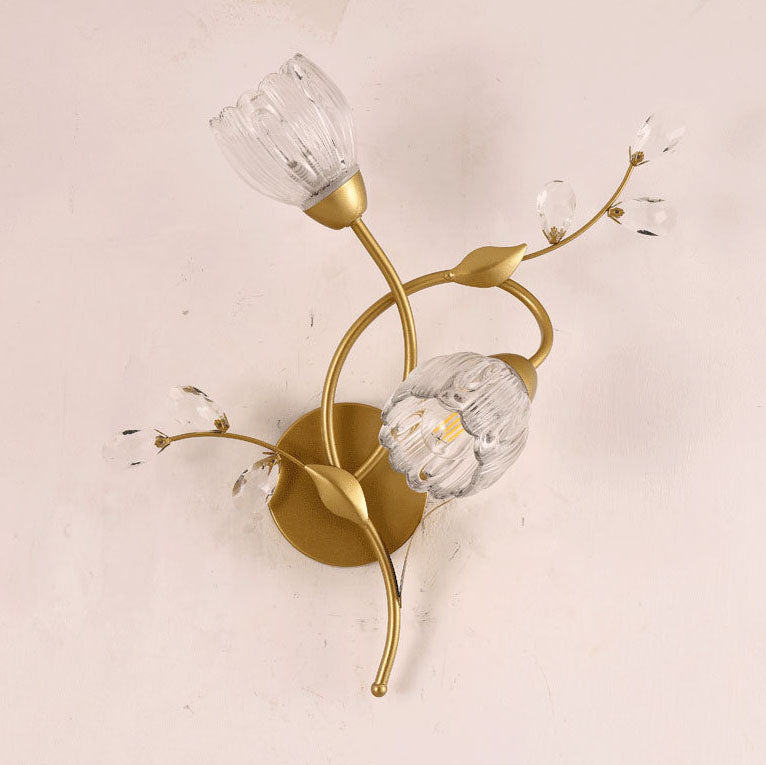 Modern Art Deco Flower Hardware Glass Crystal 2-Light Wall Sconce Lamp For Living Room