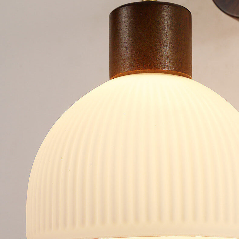 Japanese Walnut Striped Glass Dome 1-Light Wall Sconce Lamp