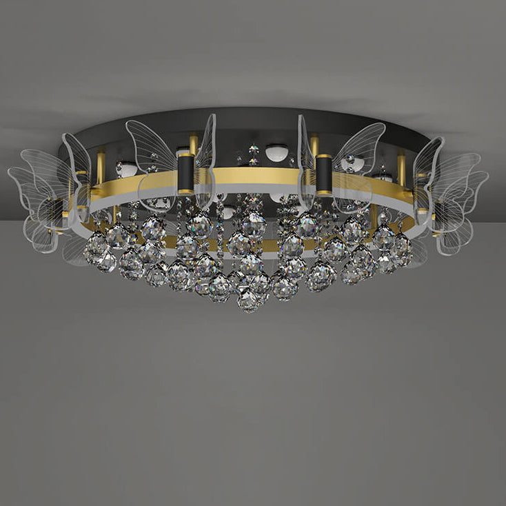 Modern Luxury Radiant Crystal Strings Butterfly Embellishment Round Shade LED Flush Mount Ceiling Light For Living Room