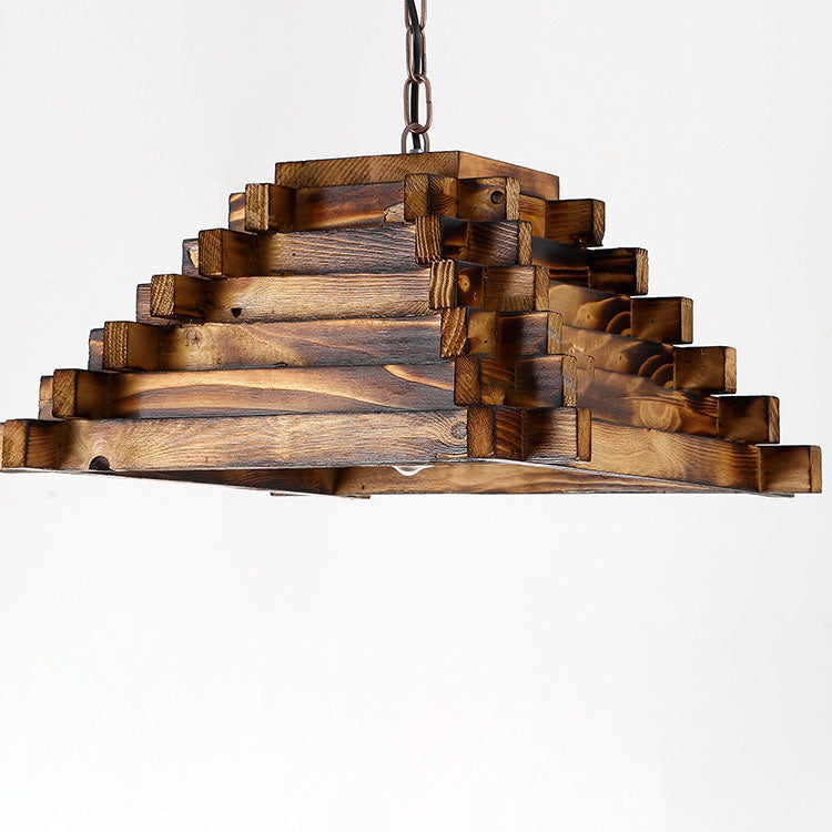 مصباح معلق خشبي ريفي تقليدي على شكل شبه منحرف مع سلسلة حديدية ومصباح واحد لغرفة الطعام