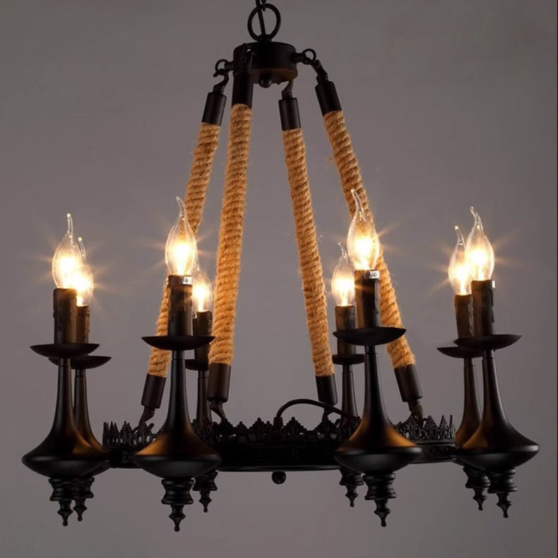 Traditional Vintage Round Candelabra Iron Hemp Rope 3/6/8 Light Chandelier For Living Room