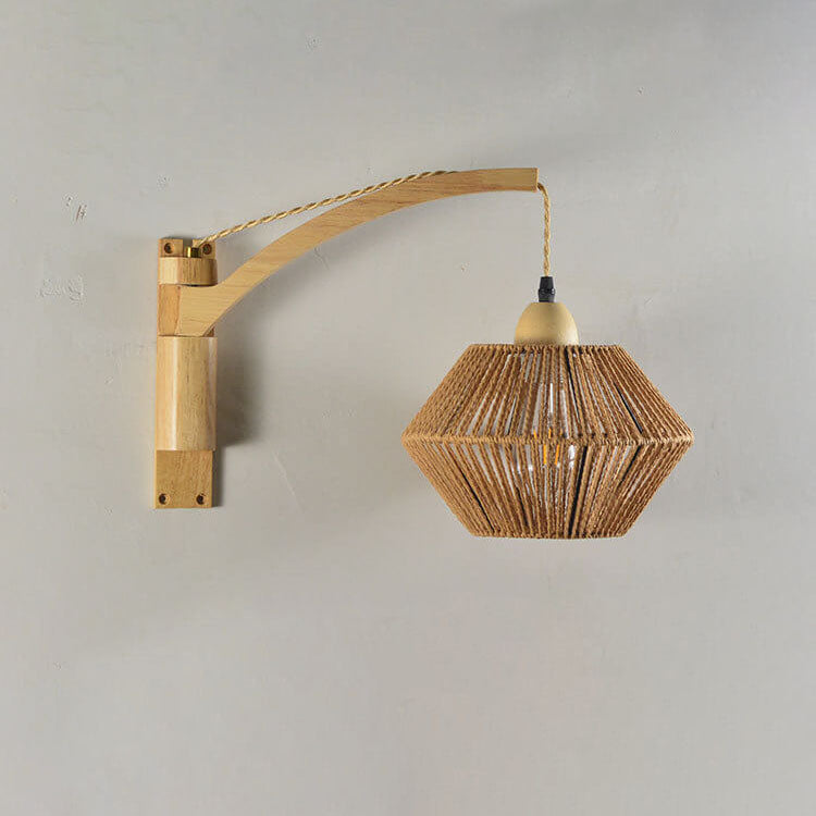 Vintage Simple Rope Weaving Lantern Cage Wood 1-Light Wall Sconce Lamp