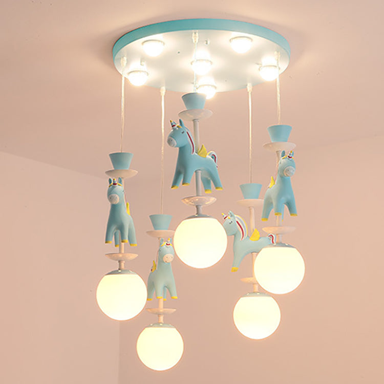Modern Art Deco Kids Iron Resin Glass Round Base Ball Horse 1/3/5 Light Flush Mount Ceiling Light For Bedroom