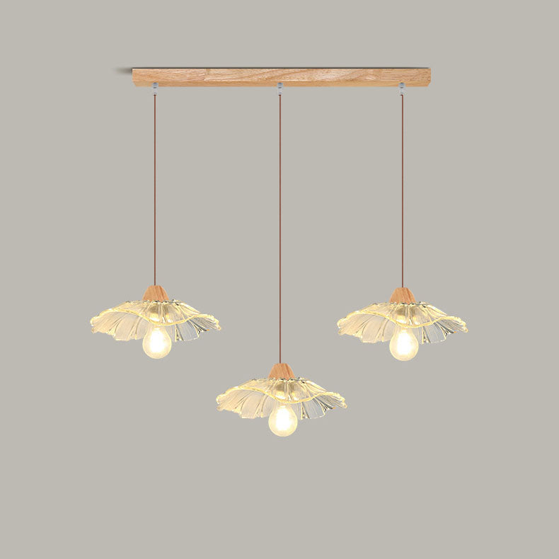 Modern Art Deco Wood Lotus Leaf Glass Shade 1/3-Light Island Light Chandelier For Bedroom