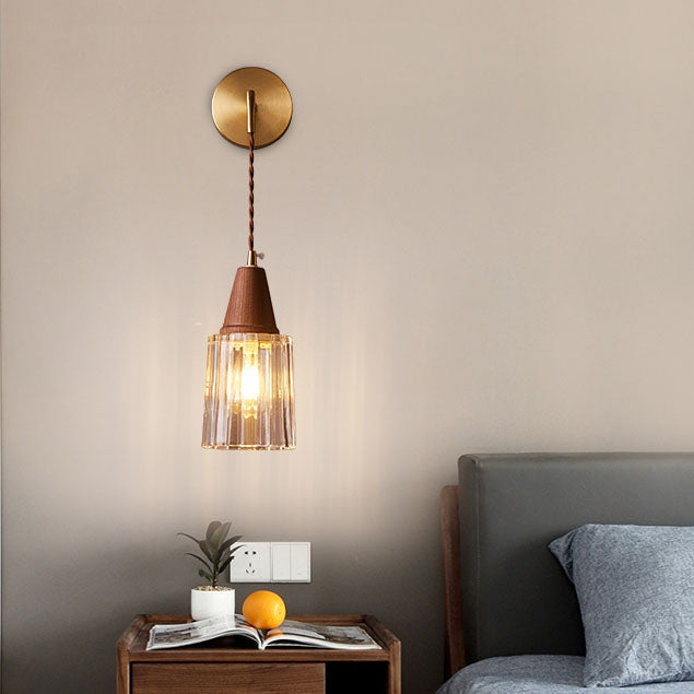 Japanese Walnut Glass Copper Cylinder 1-Light Wall Sconce Lamp