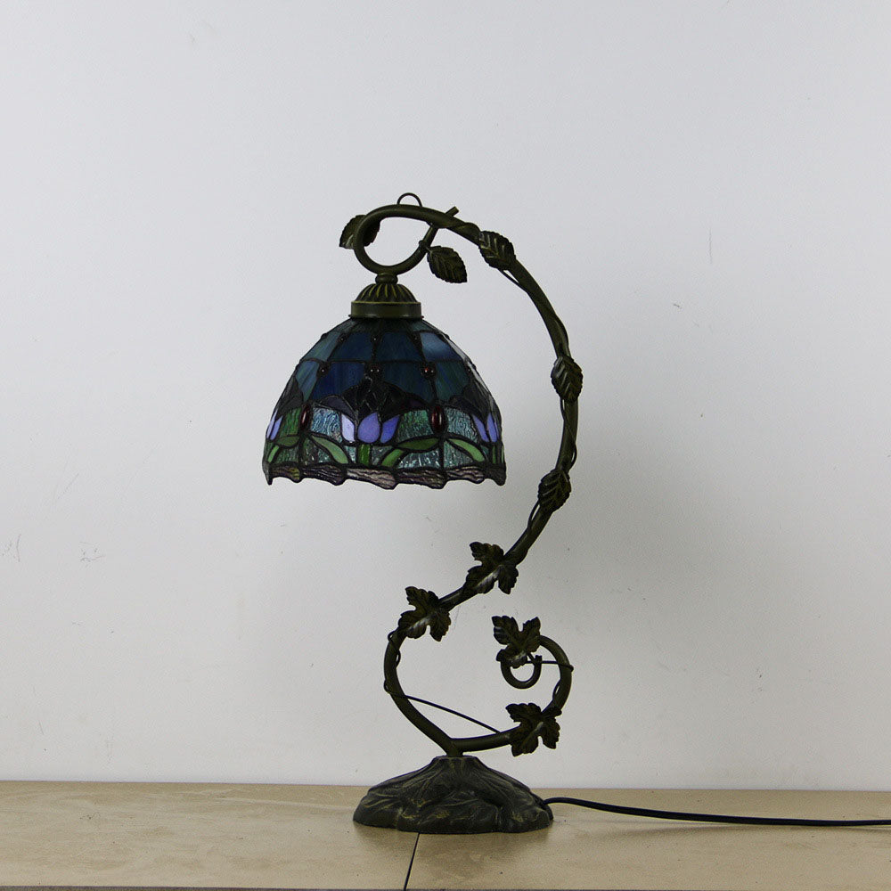 Traditional Tiffany Half Round Flower Vine Resin Stained Glass 1 Light Table Lamp For Bedroom
