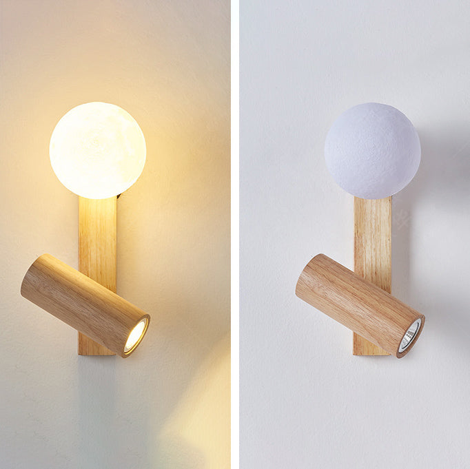 Contemporary Scandinavian Rectangular Orb Cylinder Wood PE LED Wall Sconce Lamp For Bedroom