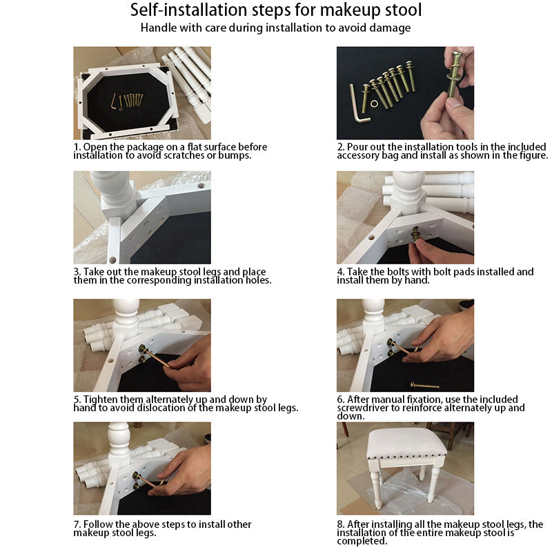 Contemporary Scandinavian Square Linen Faux Leather Solid Wood Vanity Stool Backless Armless For Bedroom