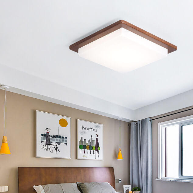 Modern Chinese Walnut Square LED Flush Mount Ceiling Light