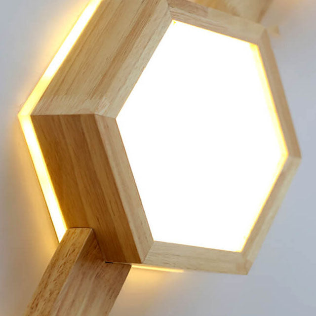 モダンでシンプルな木製六角形幾何学LEDフラッシュマウントシーリングライト