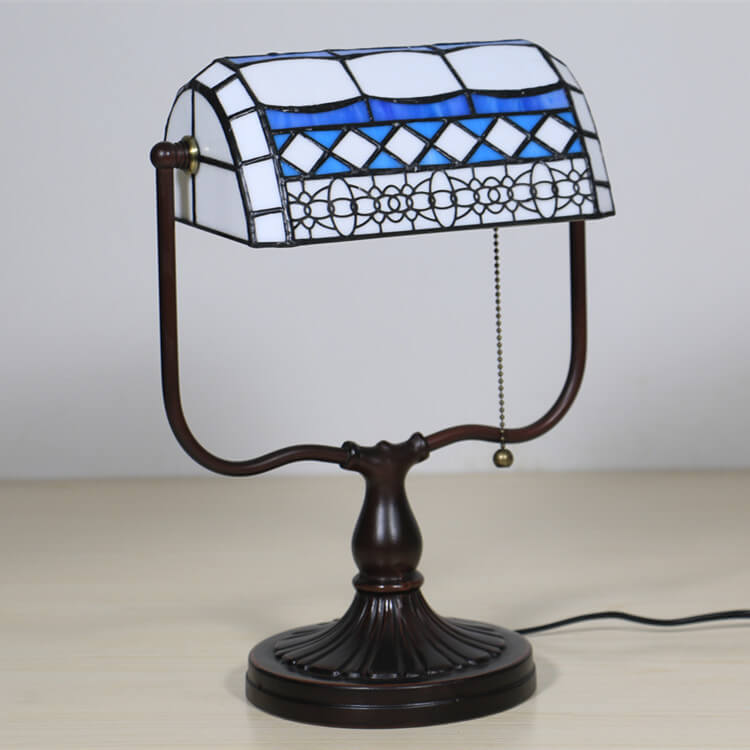 Traditional Tiffany Geometric Stained Glass Bank Pull Cord 1-Light Table Lamp For Home Office